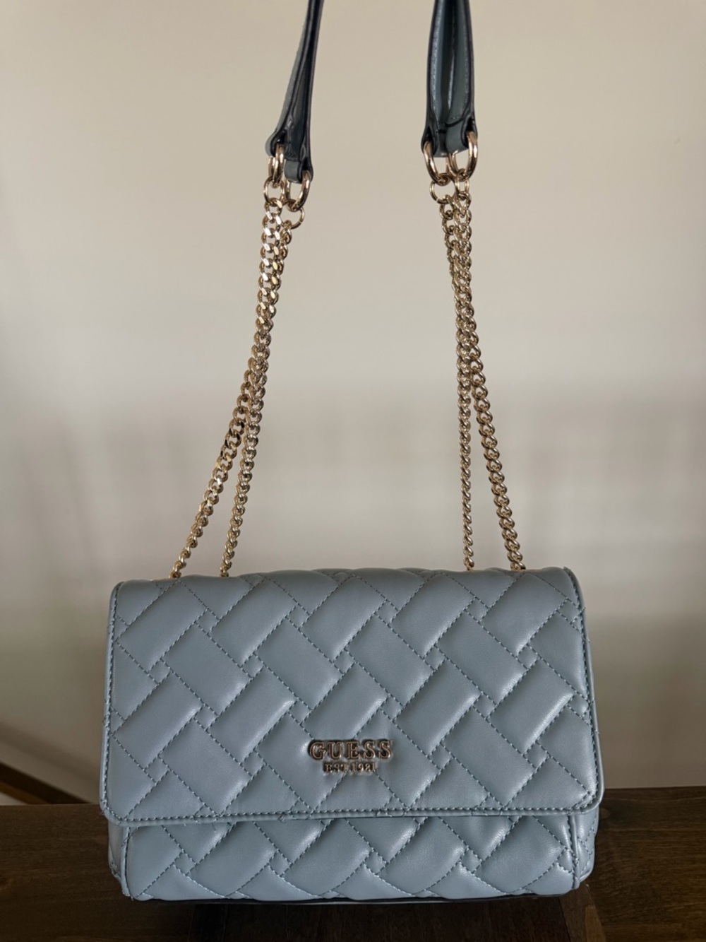 GUESS Quilted Powder Blue Shoulder Bag with Gold Chain